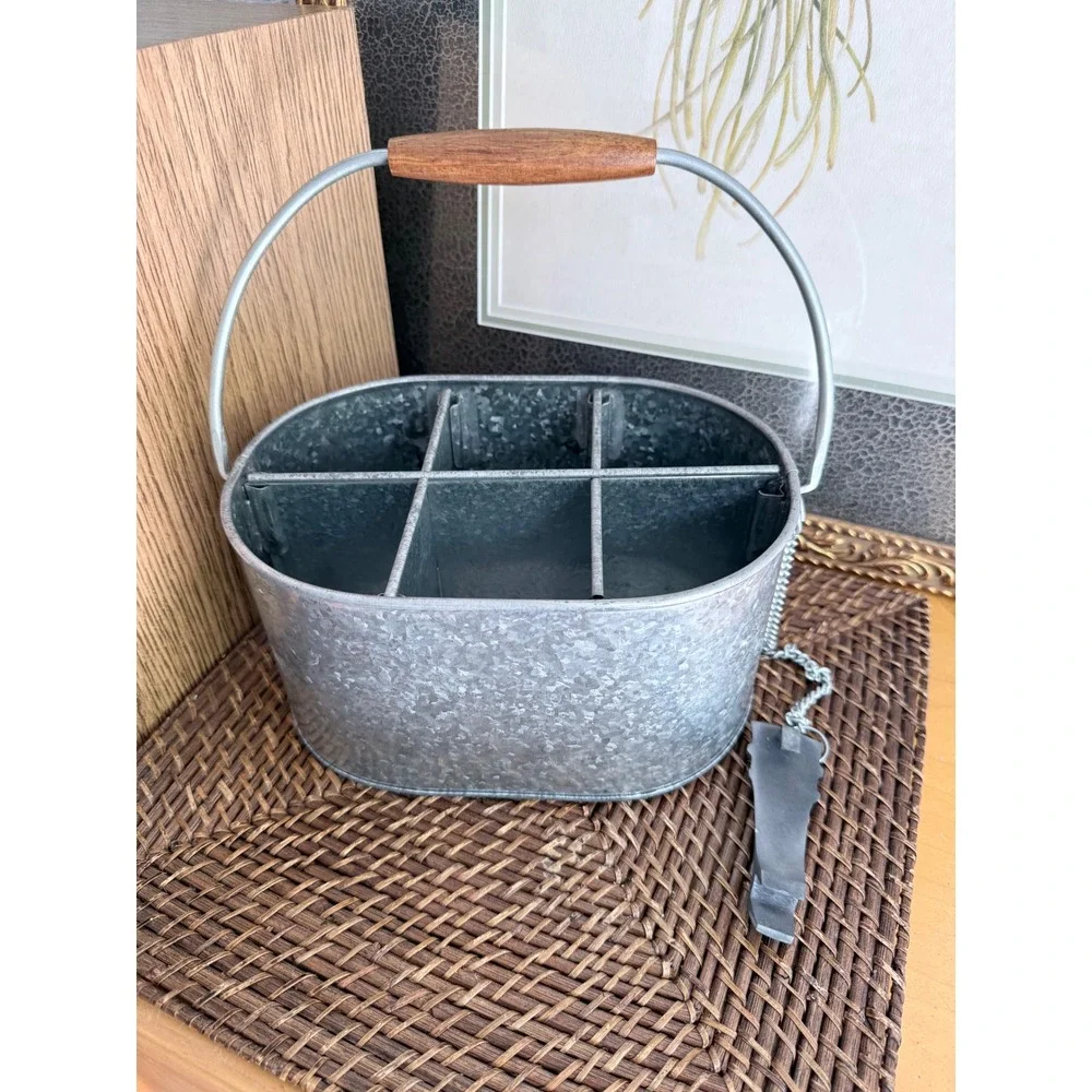 Pottery Barn Galvanized Metal 6-Pack Bottle Carrier Caddy Wood Handle Opener